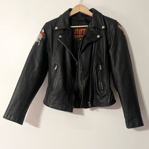Hot Leathers Black Vintage Leather Biker Motorcycle Jacket Unicorn Patch Size XS